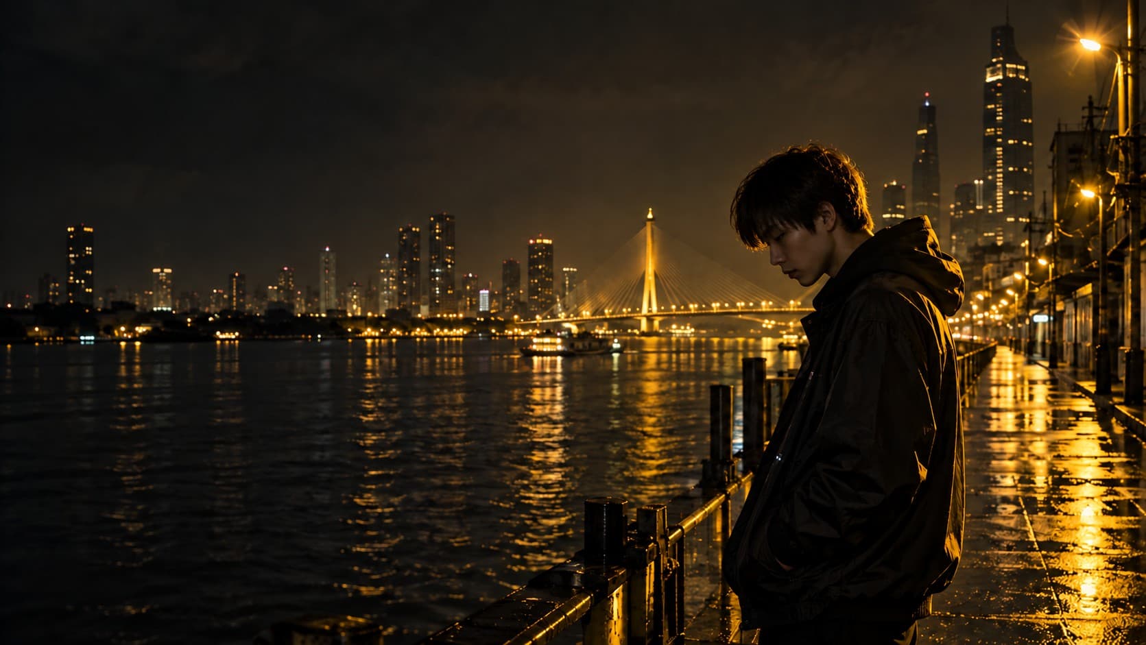 An artist beside the river under golden city lights
